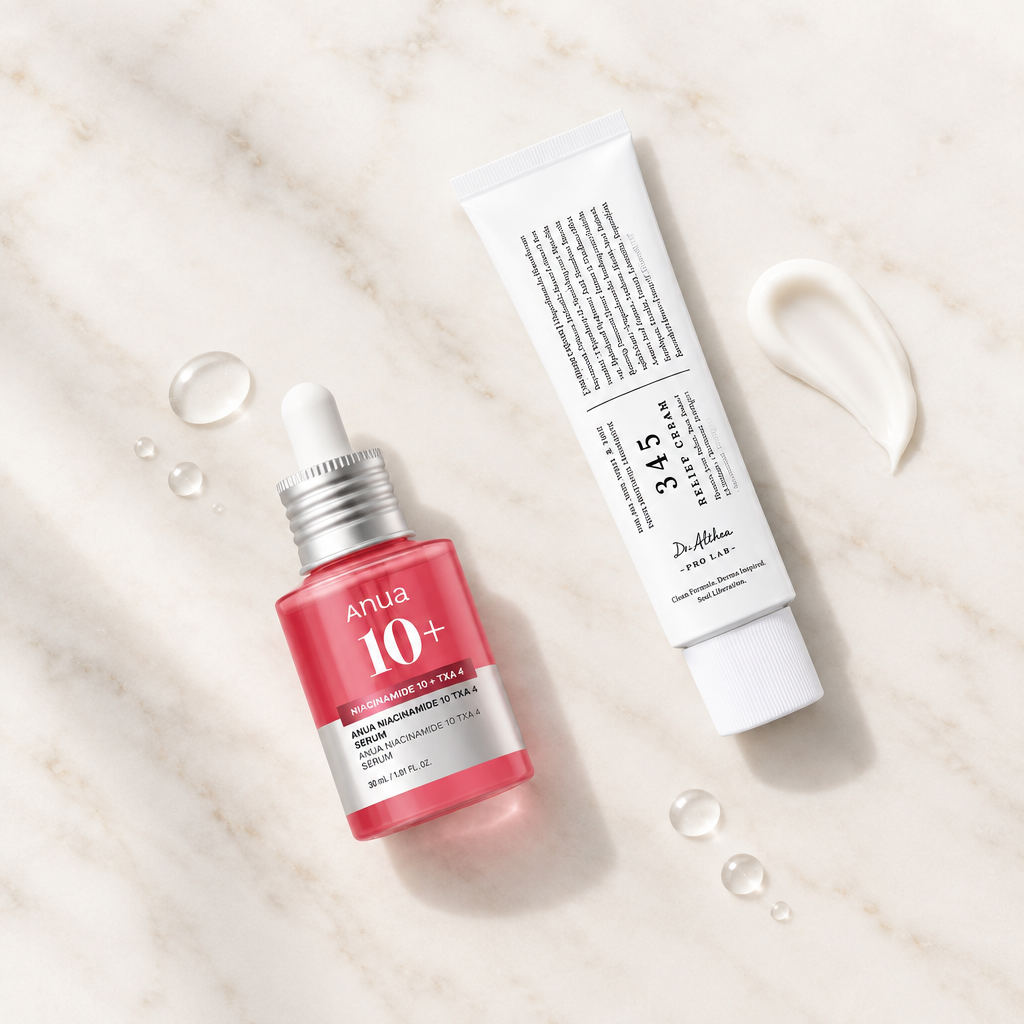Les deux produits vus du dessus sur du marbre clair